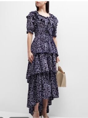 Busayo Temi Ruffle Puff Sleeve Tiered High Low Printed Navy Dress Medium NWT